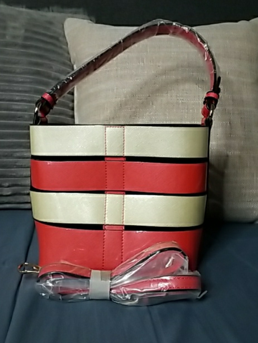 Patent Striped Two-Tone Bucket Bag in Coral and Cream